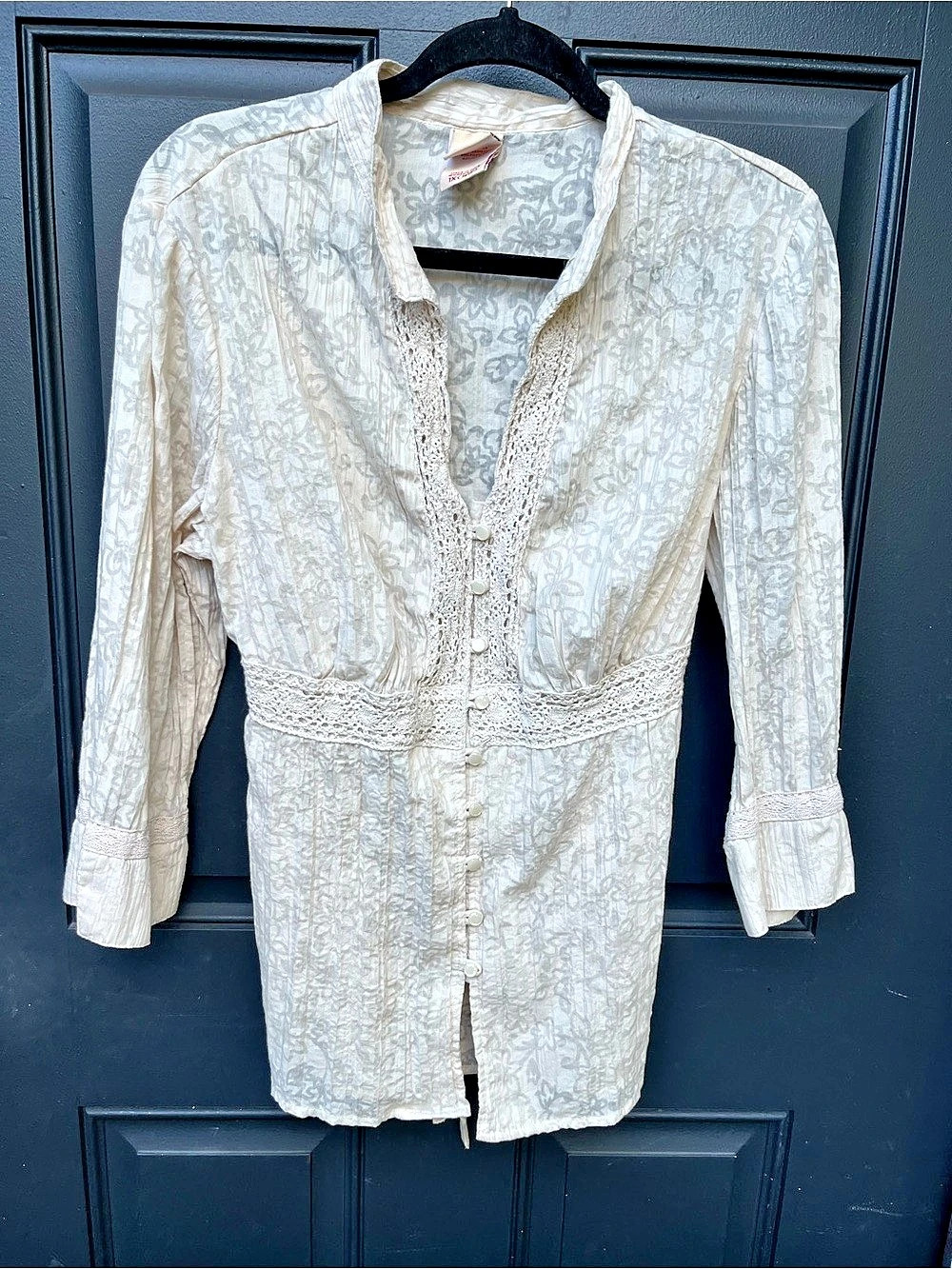 Faded Glory Floral Lace Trim Tunic White Gray Size 1X NWT
